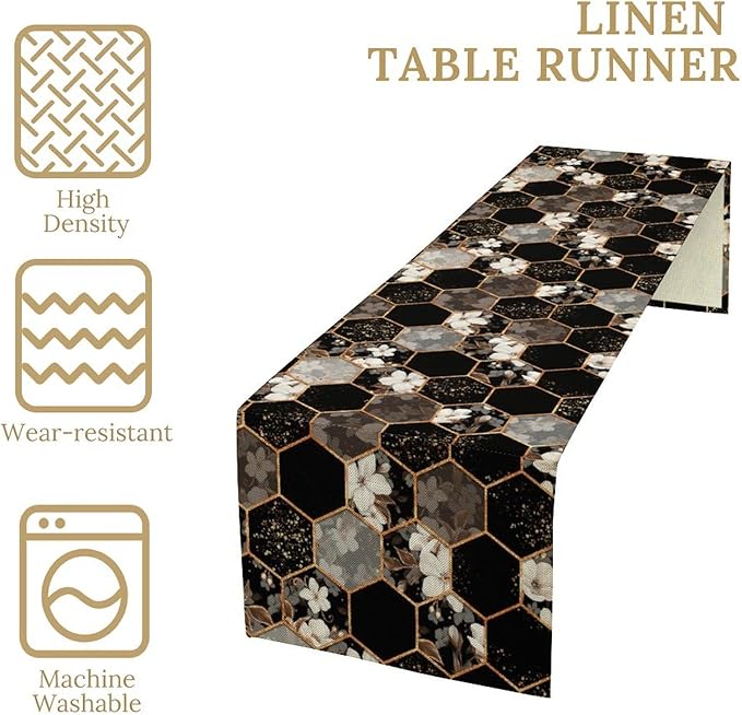 Marble Table Runner, Spring Floral Marble Geometric Texture Pattern Table Runner for Wedding Home Living Room Party Dining Kitchen 13x36in