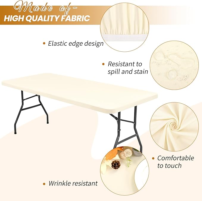 10 Pack Stretch Fabric Table Top Cap Cover, Ivory Table Covers fits 8Ft Tables, Washable Elastic Universal Rectangle Tablecloth Protector for Indoor Outdoor Party Picnic Wedding (30" W x 96" L)