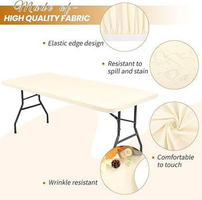 10 Pack Stretch Fabric Table Top Cap Cover, Ivory Table Covers fits 6Ft Tables, Washable Elastic Universal Rectangle Tablecloth Protector for Indoor Outdoor Party Picnic Wedding (30" W x 72" L)