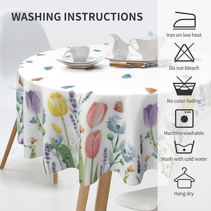 Spring Floral Round Tablecloth 70 Inch, Tulip Lavender Flower Decorative Tablecloths Stain Resistance Polyester Beautiful Flower Table Cloth for Holiday Parties Kitchen Dining Indoor Outdoor