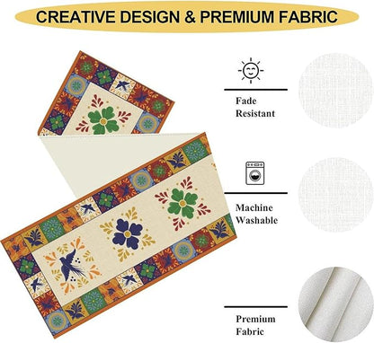 Mexican Table Runner, Orange Floral Birds Mexico Talavera Ceramic Dia De Los Muertos Coffee Table Center Decor for Family Home Kitchen and Dining Farmhouse Indoor Outdoor Table Decorations, 13" X 36"