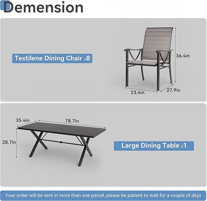 Kurapika 9-Piece Patio Dining Set, Patio Furniture Set for 8, Outdoor Large Metal Table with Umbrella Hole and Textilene Chairs, for Garden, Deck, Porch, Pool All Weather, Brown