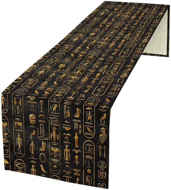 Egyptian Table Runner, Retro Egypt Mythology African Hieroglyphics Alphabet Murals Black Pattern Table Runner for Family Kitchen Coffee Dining Farmhouse Party 13x108in