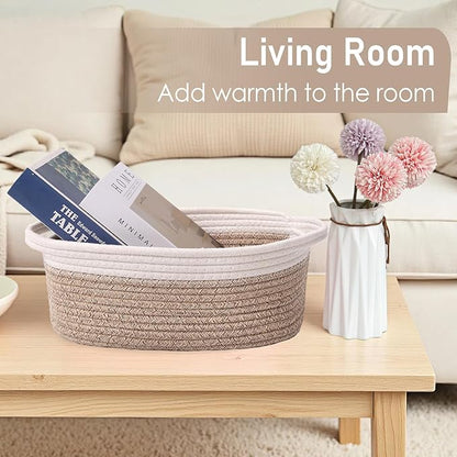 Woven Basket,Small Rope Storage Bin with Handles & Ribbon Bag, Organizer for Shelves Closets,Gift Basket Empty for Birthday,Books,Dog Toys, White&Oatmeal/2 Pack