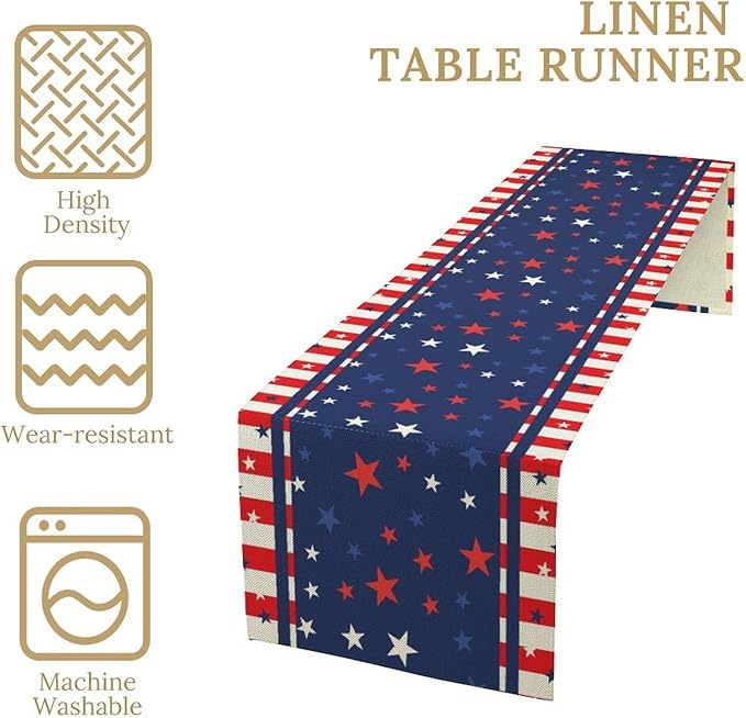 4th of July Table Runner, America Stars Stripes Patriotic Independence Memorial Day Table Runner for Kitchen Dining Home Party Holiday 13x60in