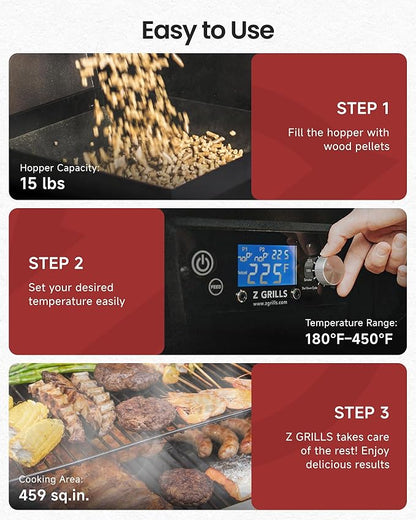 Z GRILLS Wood Pellet Grill & Smoker, PID V2.1 Controller, Meat Probe, 8 in 1 Outdoor BBQ Grill Auto Temperature Control, 459 Sq in Black, 450A