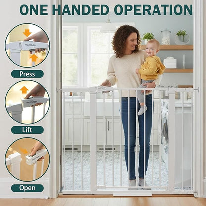 Mumeasy 36" Extra Tall Dog Gate, Auto Close Baby Gate for Stairs Doorways, 29.7-46" Wide Walk Thru Child Safety Gate for House, Easy Install Pressure Mounted Metal Pet Gate with Door, White
