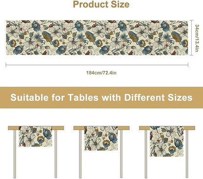Boho Flower Birds Table Runner,Vintage Floral Aesthetic Art Table Decoration for Kitchen Dining Table Holiday Indoor Outdoor Home Party Decor 13x108in