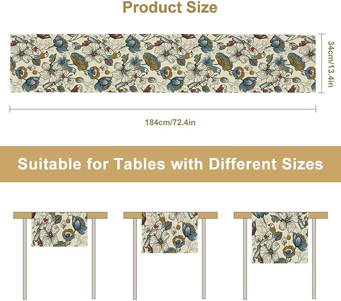 Boho Flower Birds Table Runner,Vintage Floral Aesthetic Art Table Decoration for Kitchen Dining Table Holiday Indoor Outdoor Home Party Decor 13x120in