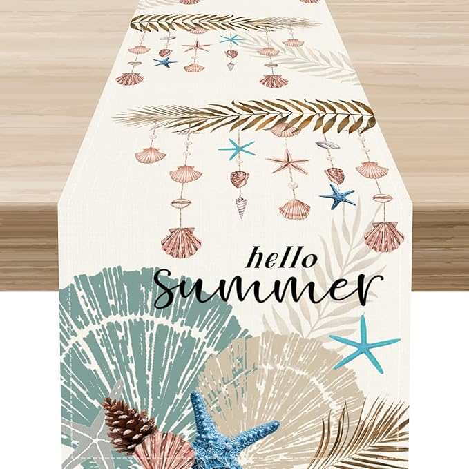 Nautical Coastal Table Runner, Rustic Starfish Seashells Tropical Leave Ocean Beach Hello Summer Farmhouse Coffee Table Center Decor for Home Kitchen Dining Patio Outdoor Table Decorations, 13"x72"