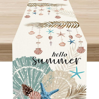 Nautical Coastal Table Runner, Rustic Starfish Seashells Tropical Leave Ocean Beach Hello Summer Farmhouse Coffee Table Center Decor for Home Kitchen Dining Patio Outdoor Table Decorations, 13"x72"