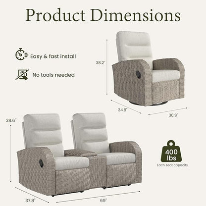 Oversized 3 Pieces Wicker Outdoor Recliner Loveseat - Image 2