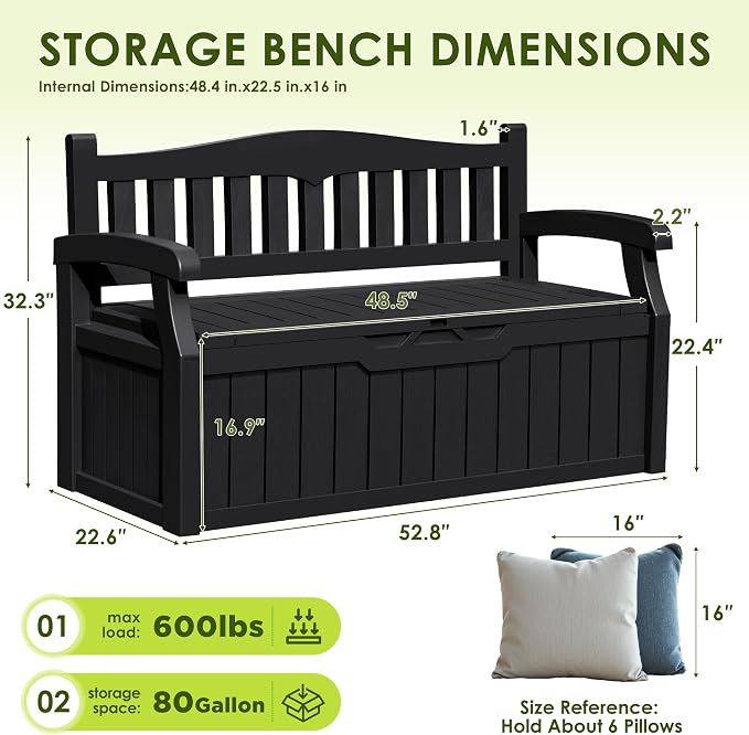 Greesum 80 Gallon Outdoor Storage Bench, Deck Box, Dark Black | - Image 3