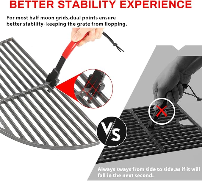 KAMaster Cast Iron Grill Grate Lifter,Grid Lifter Gripper Work for Big Green Egg Accessories Kamado Grill Joe Primo Vision Louisiana Grills,Grate Lifters with Red Protective Cover for Moving Hot Grate