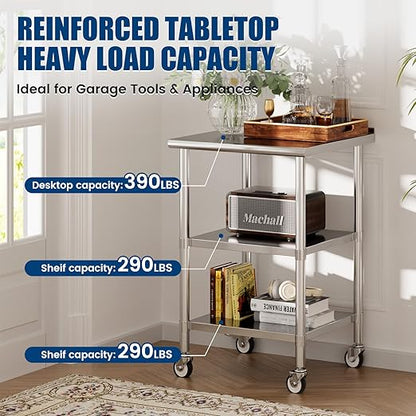 Stainless Steel Work Table with Wheels, 24x24 Inch NSF Food Prep Table with Backsplash & 2 Adjustable Undershelves for Commercial Kitchen, Restaurant, Garage