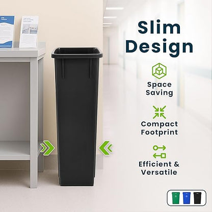 Alpine 23 Gallon Slim Recycling & Trash Bin Set – 3-Pack Blue/Black/Green Plastic Narrow Open-Top Garbage Cans for Office, Home, School & Commercial Use