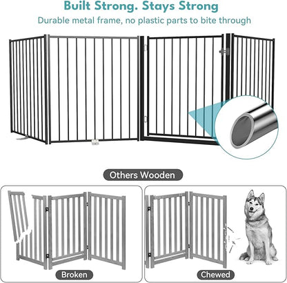 No Pawblems Free Standing Dog Gate with Door, 36'' Tall Foldable Dog Fence for Indoor & Outdoor, Up to 104 Inch Extra Wide Puppy Gate for Stairs, Hallways, Doorways, Deck, Yard (Black, 4 Panels)