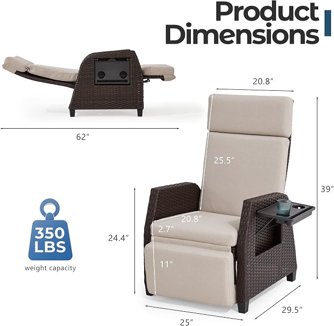 Outdoor Recliner for Patio, 180° Simultaneous Recline, Adjustable Back & - Image 2