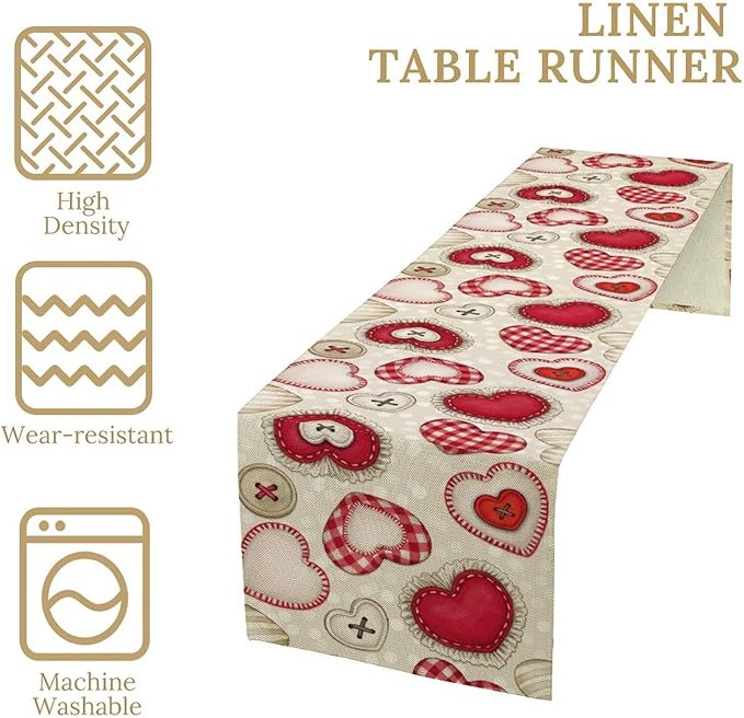 Red Heart Table Runner,Retro Rustic Beige Heart Buttons Polka Dot Valentines Decorations Decor for Family Kitchen and Living Room Outdoor Farmhouse Party Table Decorations, 13"x108"