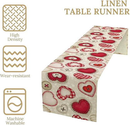 Red Heart Table Runner,Retro Rustic Beige Heart Buttons Polka Dot Valentines Decorations Decor for Family Kitchen and Living Room Outdoor Farmhouse Party Table Decorations, 13"x108"