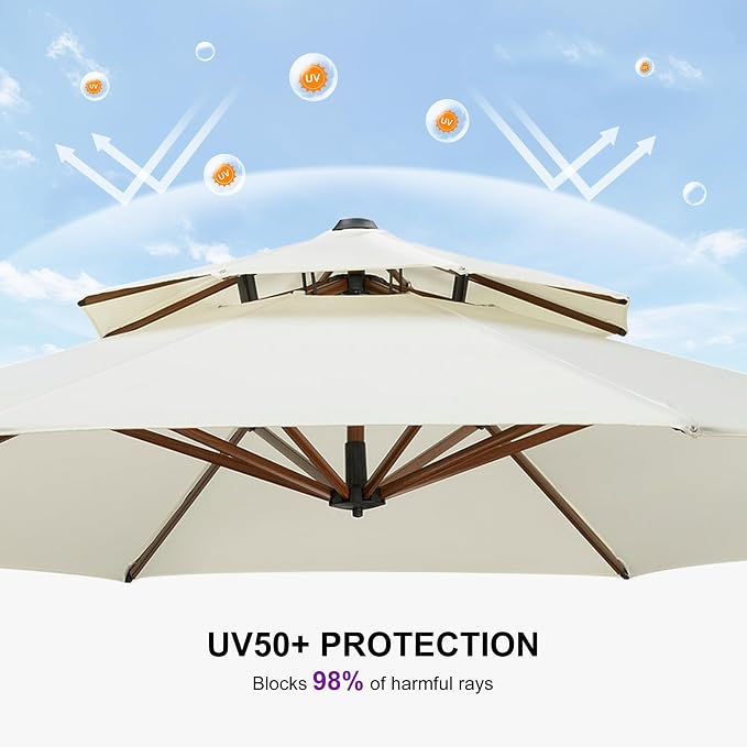 PURPLE LEAF Patio Umbrella 11ft Double Top Wood-Grain Finish, Cream | Braced - Image 8