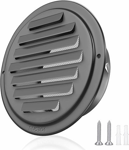 4inch 304 Stainless Steel Air Vents, Louvered Grille Cover Vent Hood Flat Ducting Ventilation Air Vent Wall Air Outlet with Fly Screen Mesh for House (4 inch Black Paint Cover （100mm）)