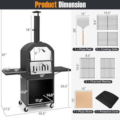 Giantex Pizza Oven Outdoor - Wood Fired Pizza Oven with 2 Side Tables, Pizza Stone, Pizza Peel, Cover, Cooking Grids, Pizza Maker on Wheels for Outside Charcoal Grill Backyard Party Camping