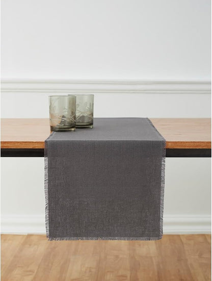 Solino Home Linen Charcoal Table Runner 120 Inches Long - Fringe, 100% Pure Linen 14 x 120 Inch Table Runner for Winter - Handcrafted and Machine Washable
