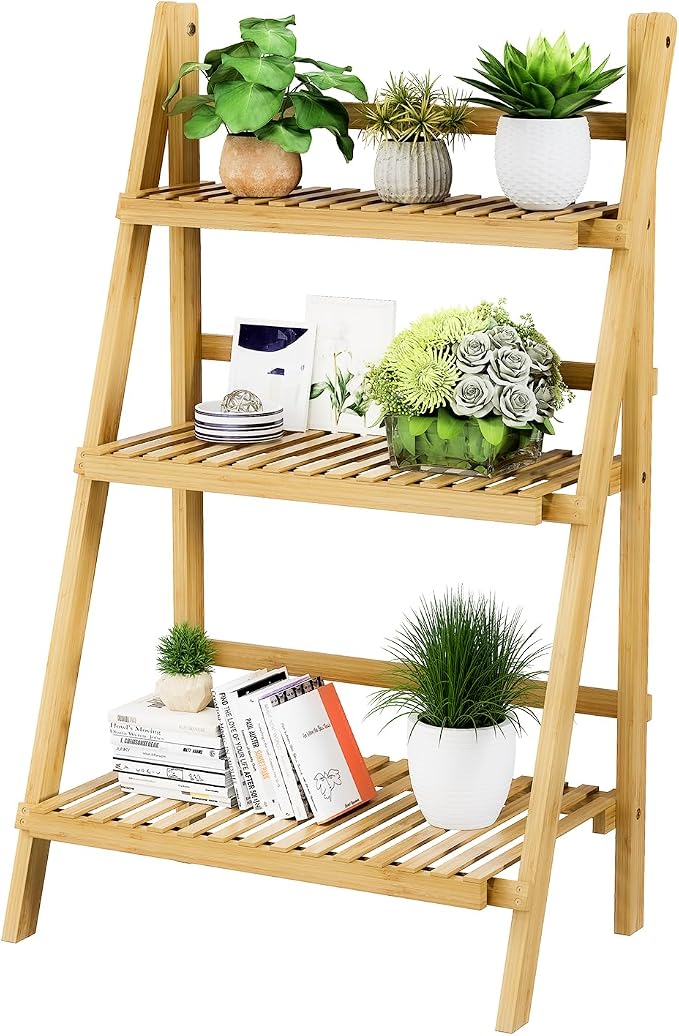 Foldable Ladder Shelf 39.4", Plant Shelf 3 Tier, Bamboo Ladder Flower Pot by OAKVIVOElegantLifestyle