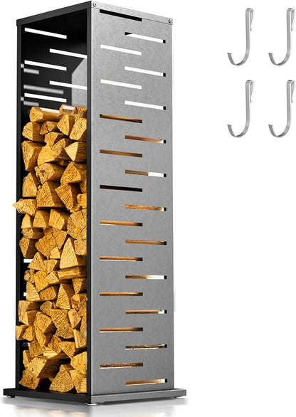 4ft Firewood Rack with Louver Pattern, Fire Wood Rack Log Holder with Hooks Adjustable Feet, Firewood Storage for Outdoor Indoor Fire Pits Fireplace Patio Balcony Black