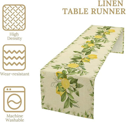 Summer Lemon Table Runner, Spring Blooming Lemon Tree Branches Bouquets Yellow Green Leaves Table Runner for Farmhouse Home Dining Kitchen Table Party Decor, 13x90inch
