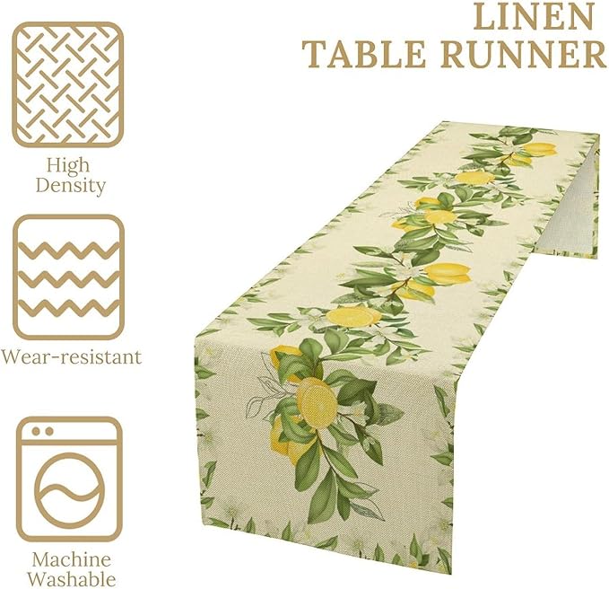 Summer Lemon Table Runner, Spring Blooming Lemon Tree Branches Bouquets Yellow Green Leaves Table Runner for Farmhouse Home Dining Kitchen Table Party Decor, 13x108inch