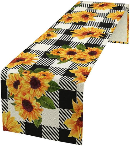 Yellow Sunflower Table Runner, Vintage Farmhouse Black White Sunshine Sunflowers Print for Autumn Farmhouse Home Kitchen Table Decoration,13x70inch