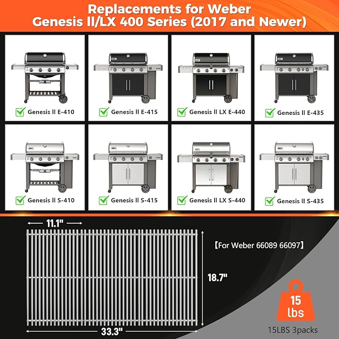 QuliMetal 66089 Grill Grates for Weber Genesis 2 E-410/E-415/E-435, Grill Parts for Weber GS4 Genesis II/LX E-440 Series Gas Grills, 18.7" SUS304 Stainless Steel Replacements for Weber 66089 66097