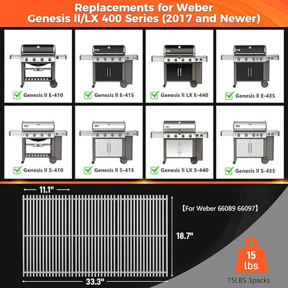 QuliMetal 66089 Grill Grates for Weber Genesis 2 E-410/E-415/E-435, Grill Parts for Weber GS4 Genesis II/LX E-440 Series Gas Grills, 18.7" SUS304 Stainless Steel Replacements for Weber 66089 66097