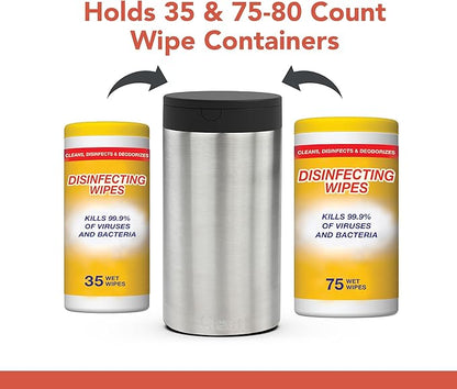 Spectrum Disinfecting Wipes Container Satin Nickel Refillable Stainless Steel Wipe Holder for Bathroom Kitchen School Classroom, Reuseable Push Button Wet Wipe Dispenser for Cleaning Countertop