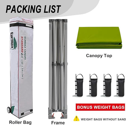 Eurmax USA Standard 10x10ft Patio Pop Up Canopy Tent for Outdoor Events Commercial Instant Canopies with Heavy Duty Roller Bag,Bonus 4 Canopy Sand Bags(Field Green)
