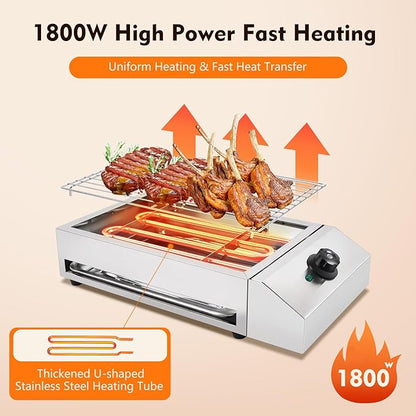 1800W Electric BBQ Grill & Countertop Electric Grill, Smokeless Indoor Outdoor Grill with Stainless Steel Grate & Adjustable Temp, Portable Commercial Grill for Home Kitchen Camping Party Use