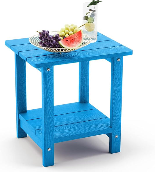 LUE BONA Adirondack Outdoor Side Table, 2-Tier Blue HDPS Patio End Table Weather Resistant, Morden Side Table for Patio, Pool, Porch