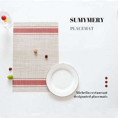 Placemats Set of 12 Vinyl/Plastic Woven Place Mats for Kitchen Table Indoor/Outdoor Washable Placemat Wipeable Dining Table Mats (Khaki Red,12)