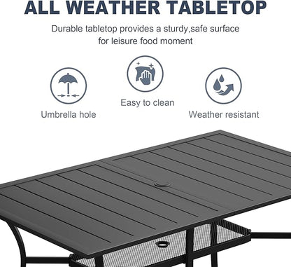 VICLLAX Rectangle Patio Dining Table for 6 Person, Outdoor Metal Steel Slat Table with Umbrella Hole for Patio, Lawn, Garden, Porch, Black