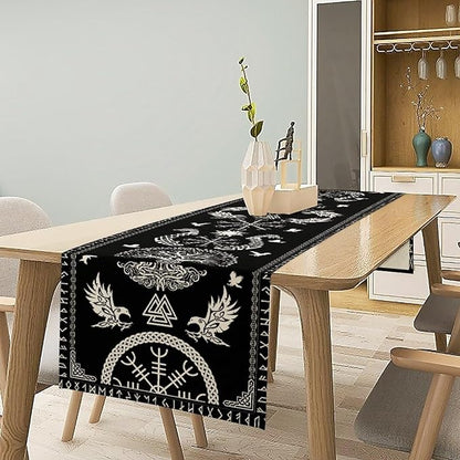 Viking Table Runner, Black Viking Tree of Life Raven Helmet of Awe Table Runner for Kitchen Dining Home Party 13x90in