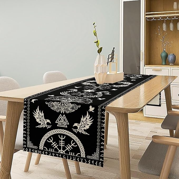 Viking Table Runner, Black Viking Tree of Life Raven Helmet of Awe Table Runner for Kitchen Dining Home Party 13x70in