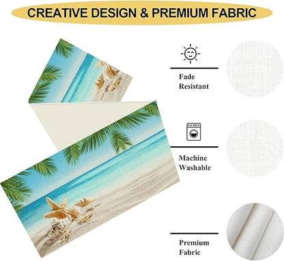 Summer Coastal Table Runner, Nautical Starfish Beach Seashell Ocean Tropical Palm Seasonal Coffee Table Center Decor for Home Kitchen Dining Patio Holiday Party Table Decorations 13"x72"