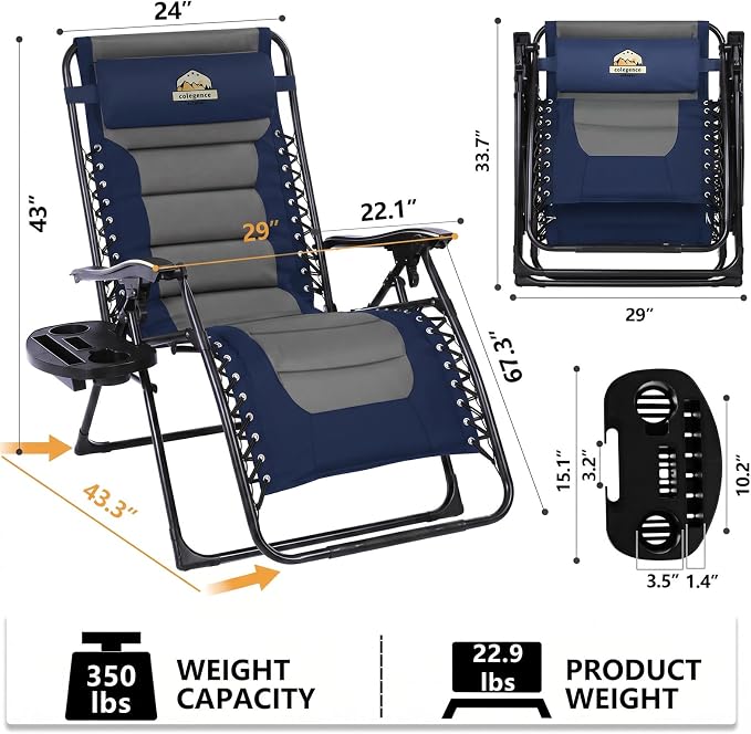 Colegence Oversized Padded Zero Gravity Chairs, 0-170° lock, removable side - Image 3