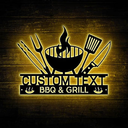 Personalized BBQ Grill Sign with LED Lights – Custom Barbecue Metal Wall Art for Outdoor Bar, Backyard Kitchen, Man Cave, Light Up Outdoor BBQ Decor for Patio