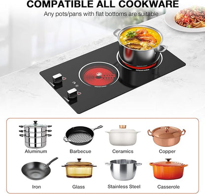 2 Burner Electric Cooktop, 2100W Electric Stove Top Hot Plate, 12 inch Countertop Burner & Built-In Stove Top, 9 Levels of Power, Knob Control, Timer & Kid Safety Lock, Residual Heat Warning