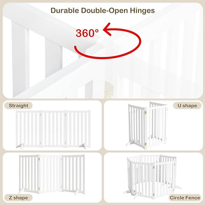 30" Height Tall Freestanding Pet Gate, Solid Wood Folding Safety Fence Wooden Dog Gate with 2 PCs Support Feet Ideal for Stairs, Doorways, Halls, Kitchens, Heavy Duty Gates, 3 Panels, White
