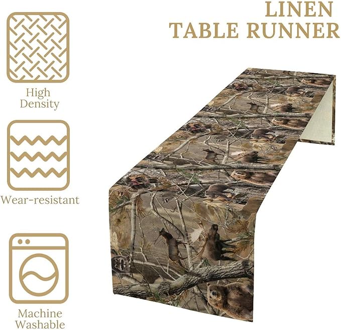 Forest Camouflage Table Runner, Camo Rustic Wildlife Animal Hunting Deer Elk Bird Bear Table Runner for Party Kitchen Dining Banquet 13x60in