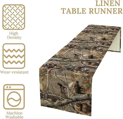 Forest Camouflage Table Runner, Camo Rustic Wildlife Animal Hunting Deer Elk Bird Bear Table Runner for Party Kitchen Dining Banquet 13x120in
